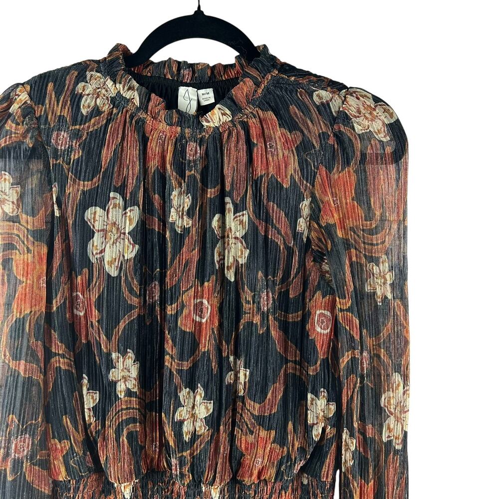 Joie Black Sheer Blouse – Gold & Copper‎ Floral Print, Ruffled Neckline, Size M